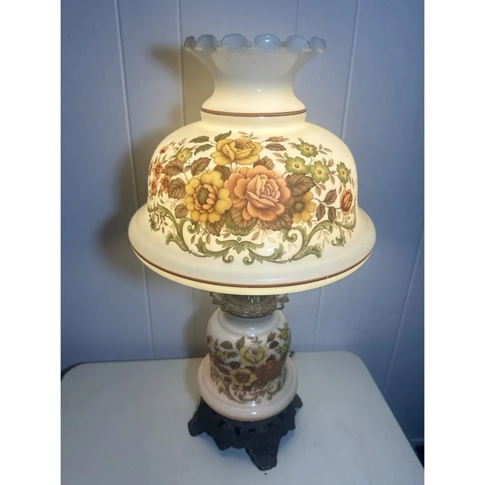 VTG 70s GWTW Hurricane Parlor Lamp Milk Glass Floral Rose Ruffled Shade 3-Way